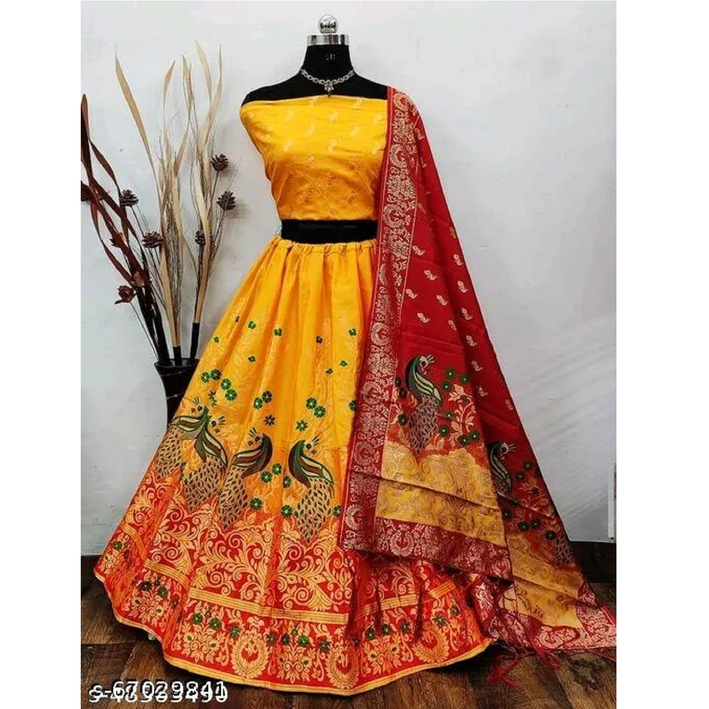 Yellow Printed Art Slik Jacquard Lehenga Choli With Dupatta
